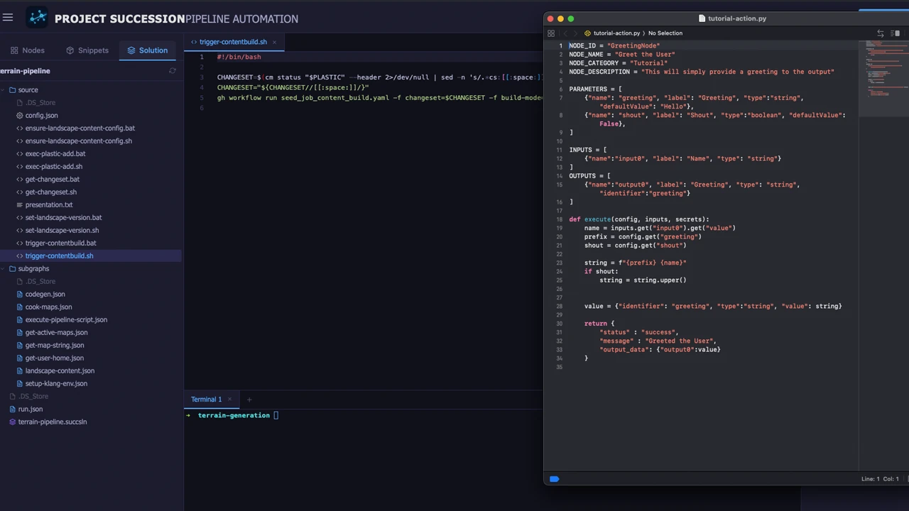 A custom Python action node open in a code editor next to the Succession solution browser, defining the node's parameters, inputs, outputs and execute function.